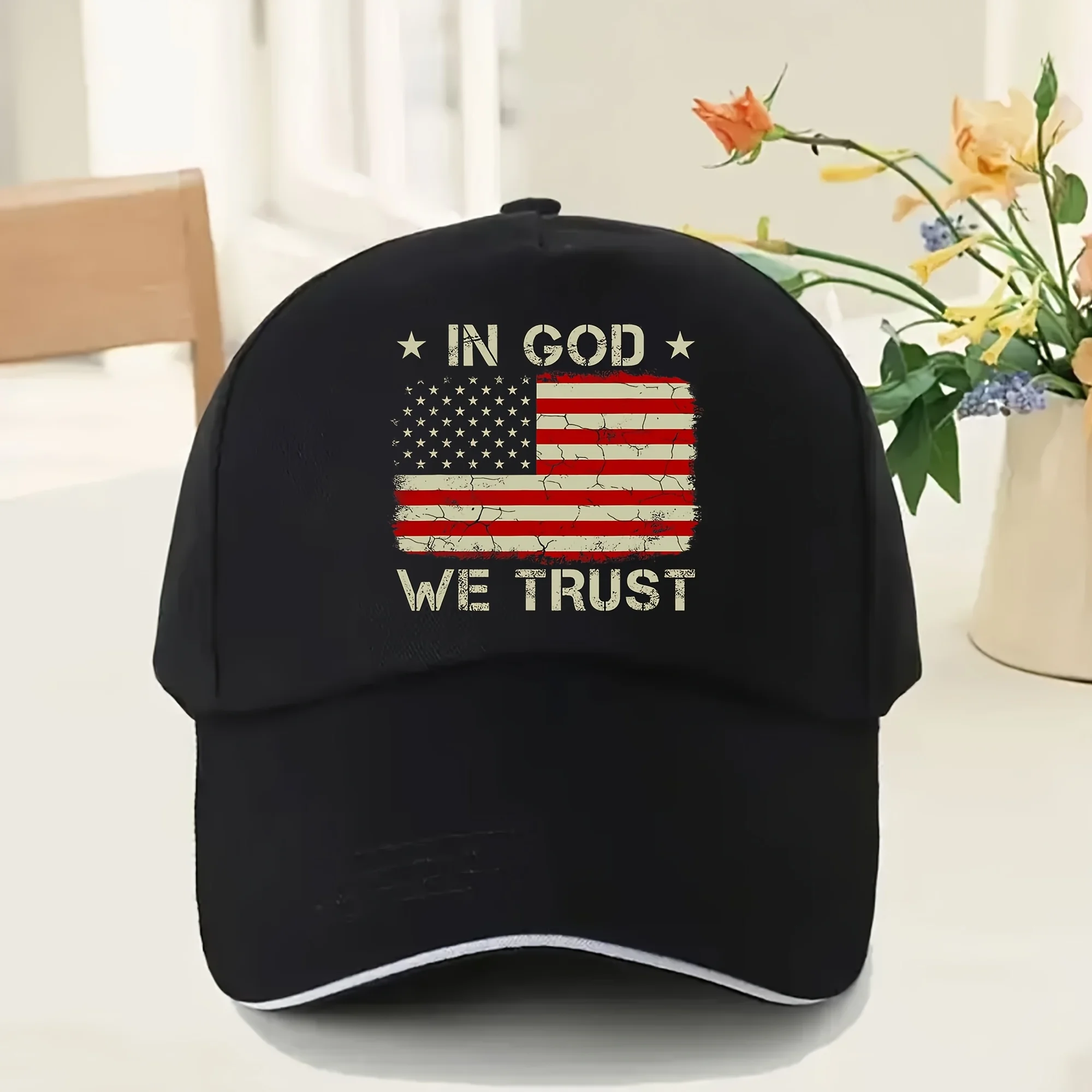 Adjustable IN GOD WE TRUST American Flag Baseball Cap - Retro Black Trucker Hat, Lightweight 100% Polyester with Adjustable Meta