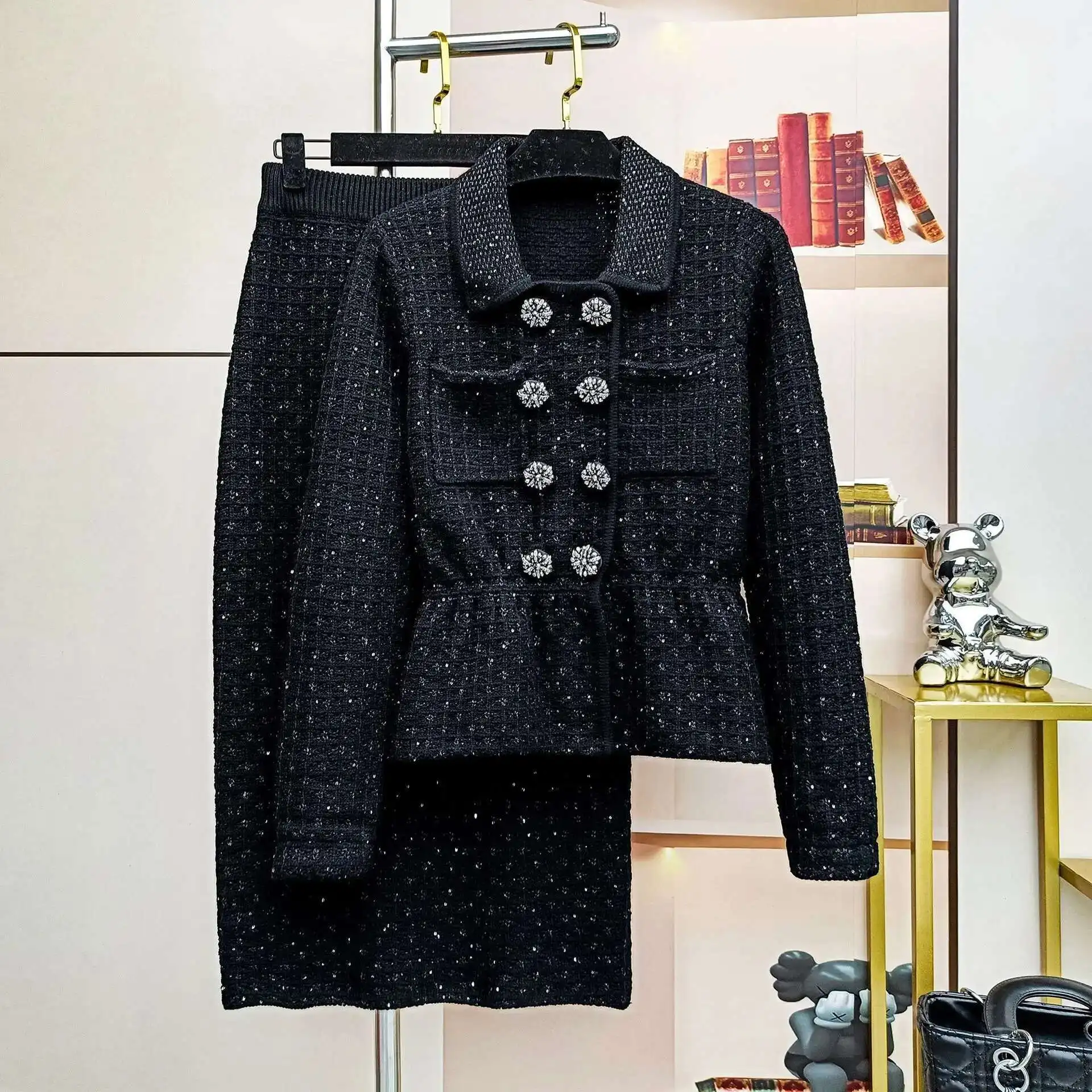 

Designer Autumn Double Breasted Diamonds Crystal Beading Knitted Cardigans Jackets Midi Long Pencil Skirts Women Two Piece Sets