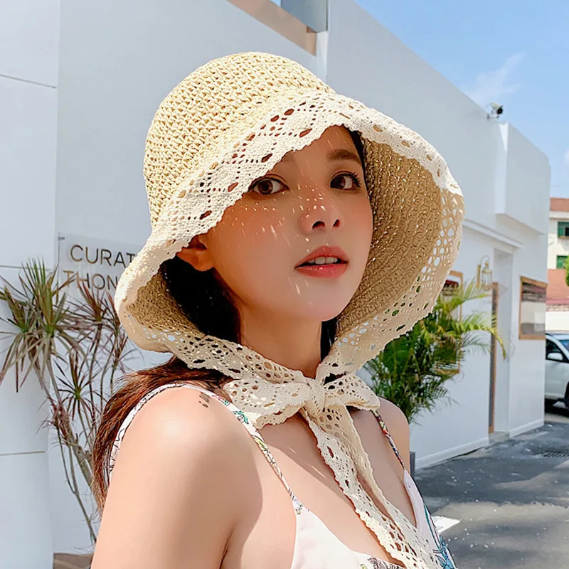 Summer Hats for Women Sun Hat Beach Lace Ribbon Hat Holiday Beach Straw Paper Lady Outdoor Travel Cap Women Bucket Hat Foldable