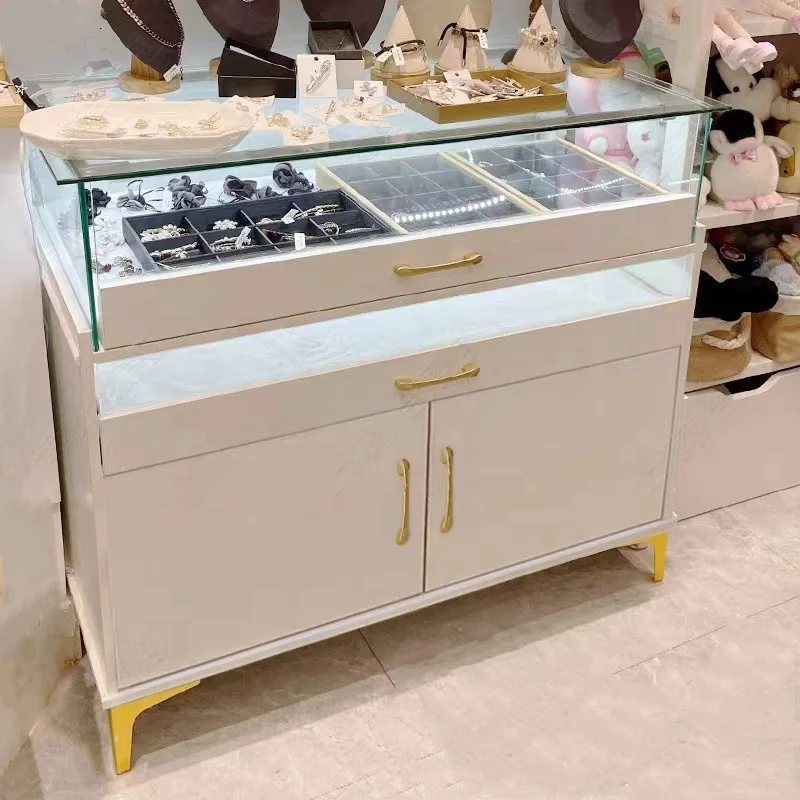 custom，White Jewelry Glass Cabinet Lockable Clothing Shop Showcase Sliding Jewelry Store Glass Counter with  Drawers