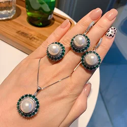 White Big Pearl Cherry Earrings Women Green Emerald Pendant Necklace Ring Set Jewelry Wedding Anniversary Gift Clavicle Chain