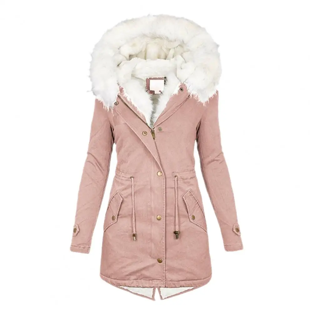 Autumn Witner Lady Coat Coat With Furry Hooded Thick Plush Lined Mid Length Outerwear Solid Color Pocket Drawstring Waist Jacket