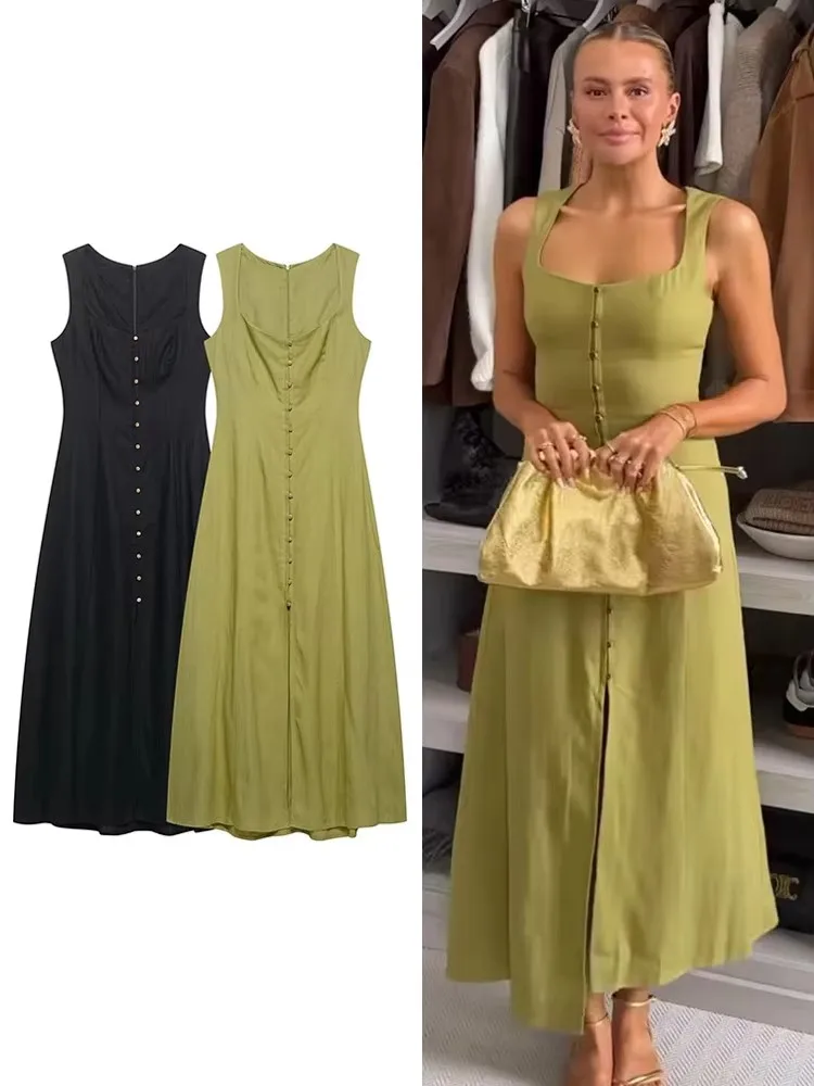 

Elegant Long Dress Women 2025 New Summer Fashion Sleeveless Square Collar Single Breasted Slim Dresses Chic Party Evening Robes