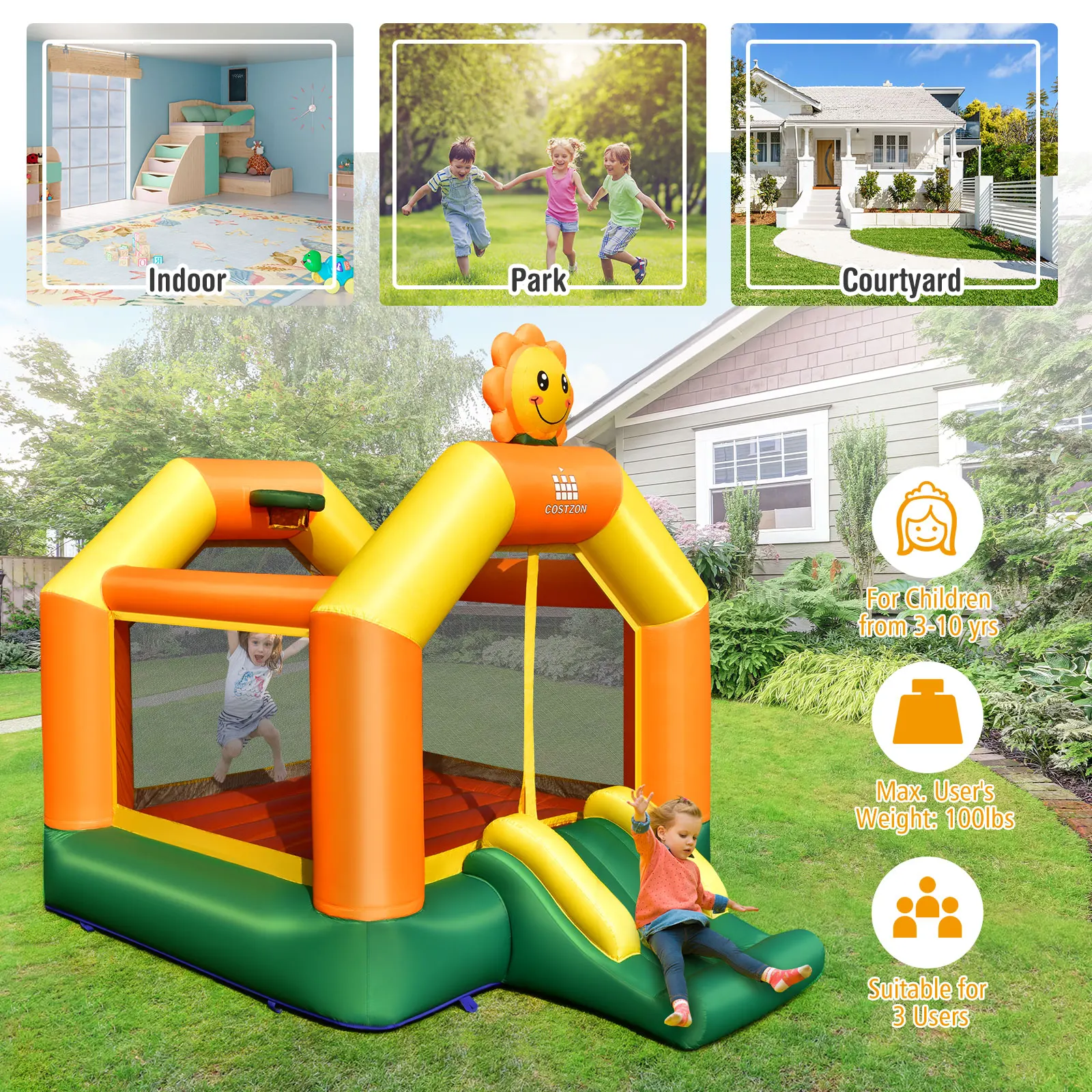 Inflatable Bounce Castle Jumping House Kids Playhouse w/ Slide & 680W Blower