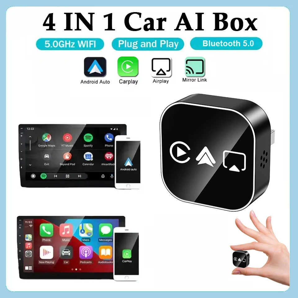 

Адаптер 4-в-1 для беспроводного CarPlay и Mirror Link (обновление 2026 года): преобразует проводной Android Auto в беспроводной, Plug & Play, Wi-Fi 5 ГГц, для проводного CarPlay