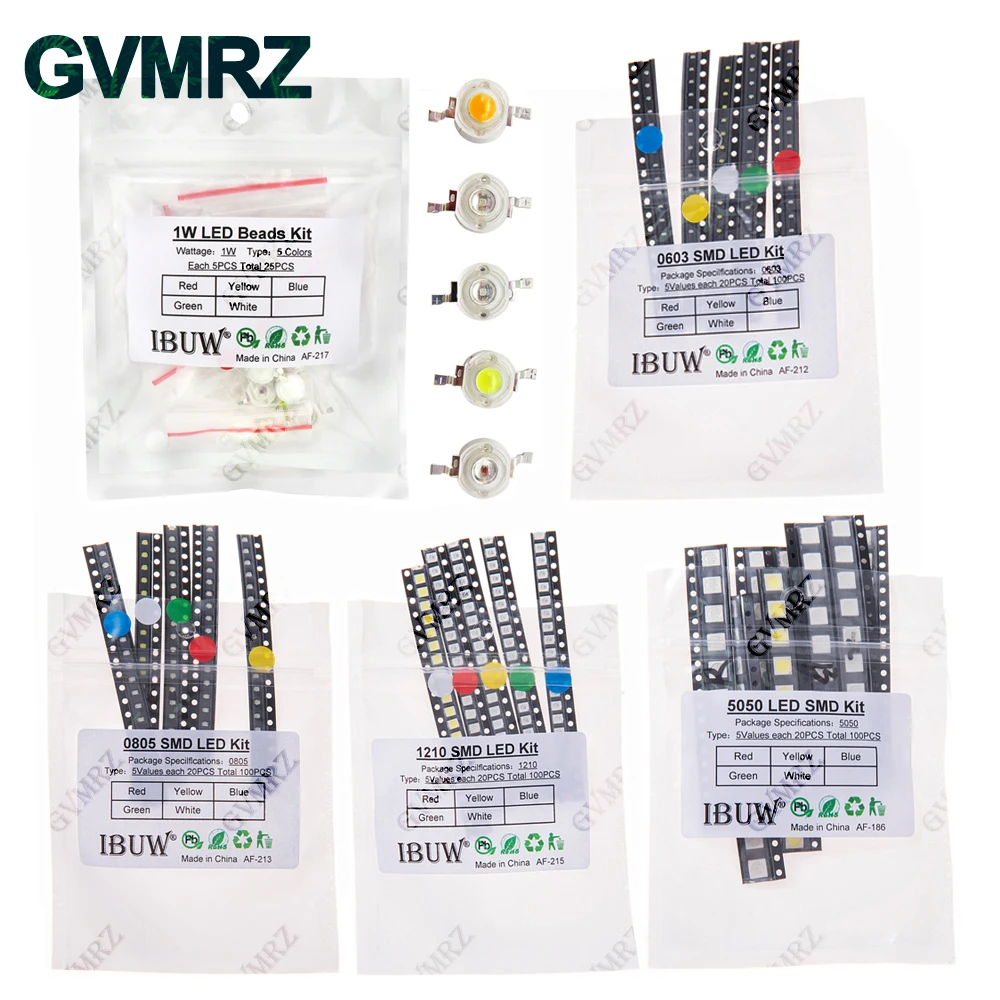 100 pezzi 5 colori ciascuno 20 pezzi 5730 5050 3528 1210 1206 0805 0603 0402 Kit diodi LED SMD Rosso Verde Blu Bianco Giallo