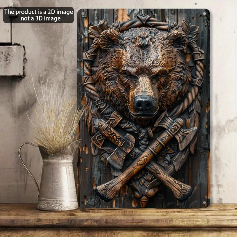 

Vintage Viking Bear Head Tin Wall Art, Peace Sign for Home, Garage, Cafe & Bar Decor, Decorative Wall Poster