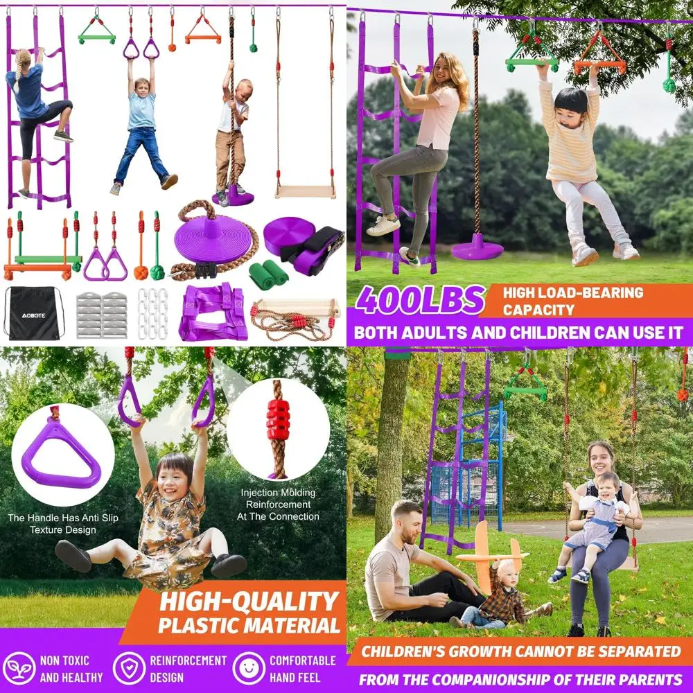 

Ninja Warrior Obstacle Course for Kids-Slackline 52ft with 9 Accessries,Awing Seat,Climbing Net,Monkey Bar -Obstacle Course Outd
