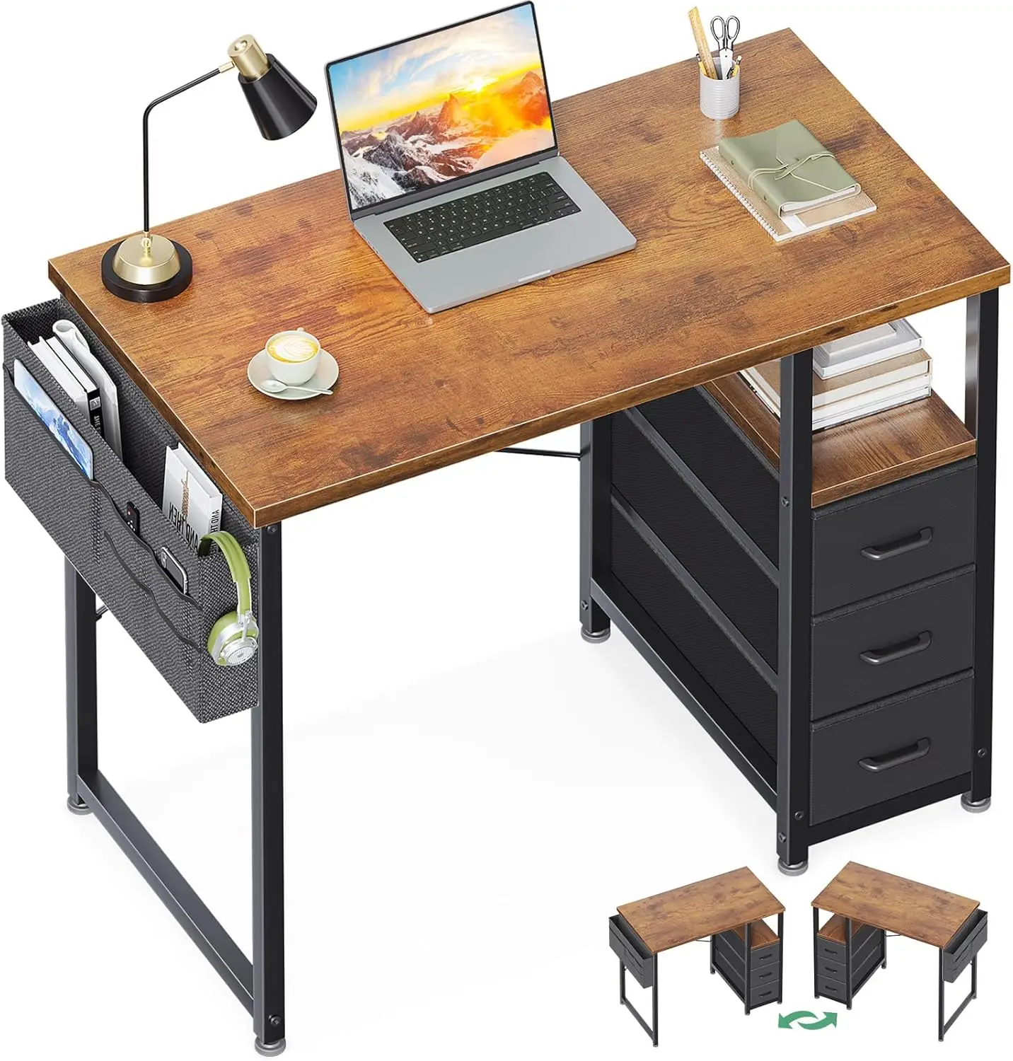 

32" Small Computer Desk with Fabric Drawers, Kids Study Writing Desk for Bedroom, Home Office with Storage Shelf & Bag