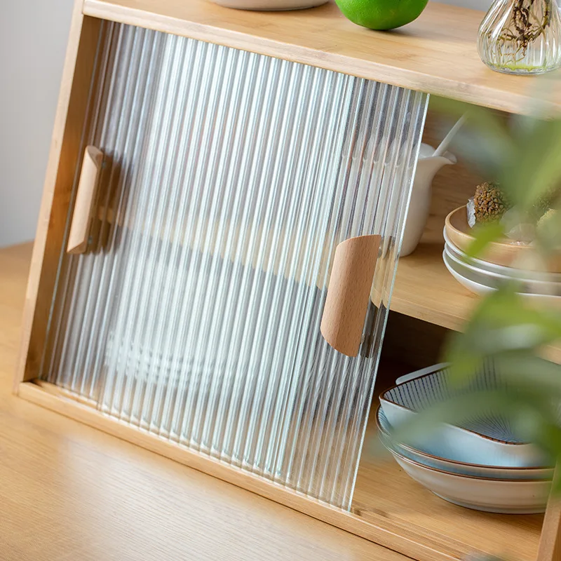 Szafka kuchenna z litego drewna w stylu japońskim, półka ekspozycyjna ze szklanymi drzwiami do jadalni, kompaktowy modułowy organizer na biurko