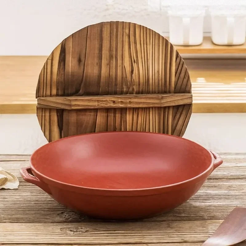 Retro Chinese Ceramic Wok Non Stick Frying Pan Heat Resistant Dry Pot for Kitchen Cooking Household Commercial Use Pure Clay