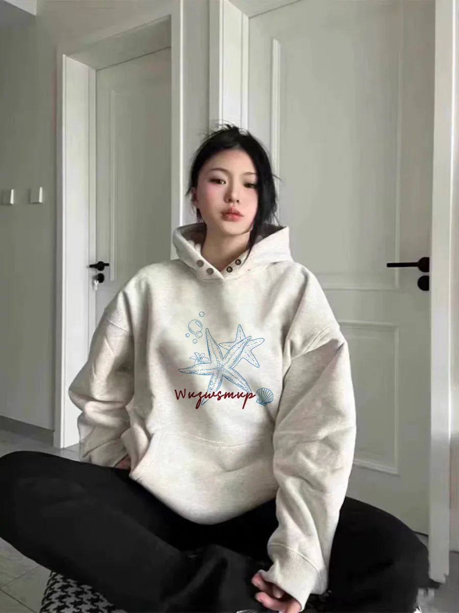 

American Casual Retro Oversized Hooded Sweatshirt for Girls In Autumn Winter with Thick Plush and Loose Trendy Brand Outerwear