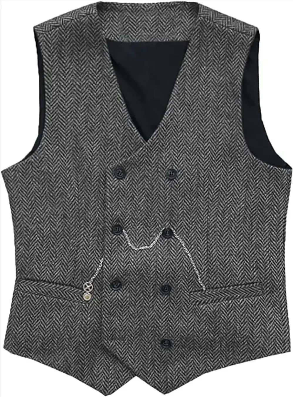 V Neck Men\'s Suit Vests Herringbone Wool Tweed Double Breasted Waistcoat Tuxedo Groomsmen For Wedding Groom One Piece Vest