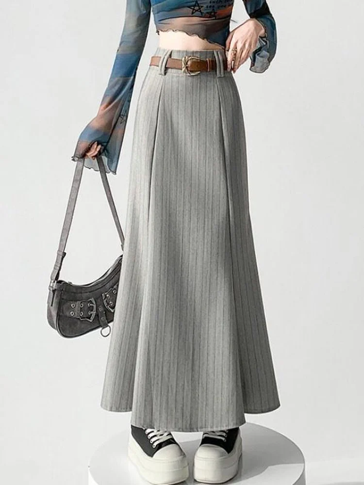 

Ретро-юбка в полоску, женская, весна 2026, новая, с завышенной талией, приталенная, А-силуэт, миди, с запахом, фасон «рыбий хвост»