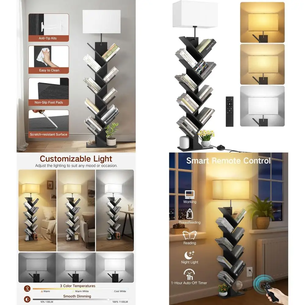 

9-уровневая высокая напольная книжная полка с регулируемой яркостью и подсветкой, пультом дистанционного управления и таймером, компактный деревянный книжный шкаф для гостиной, спальни, домашнего офиса