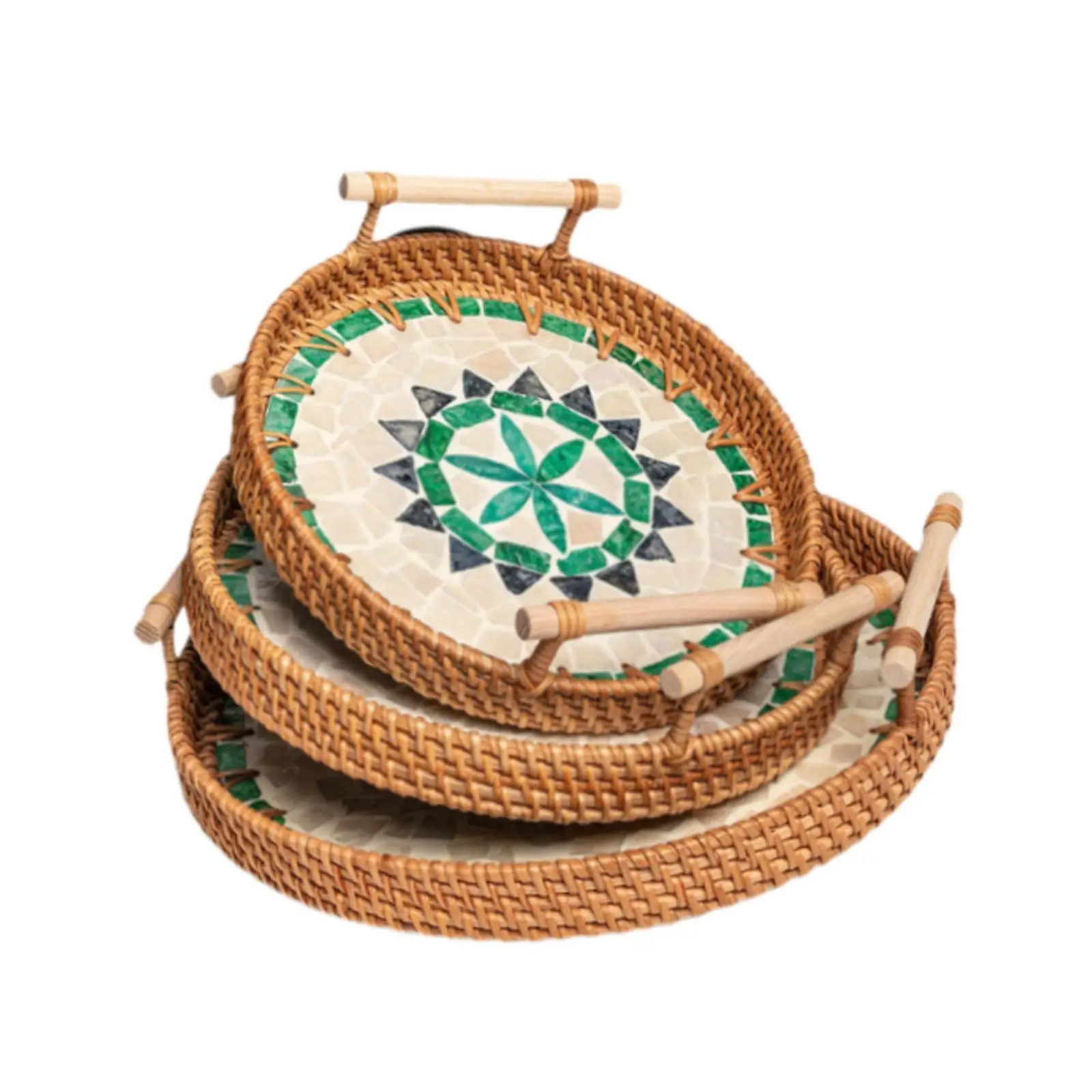 

3Pcs Rattan Serving Tray Round Rustic Platter Hand Woven Decorative Wicker Tray for Tea Washstand Kitchen Serving Dinner Home