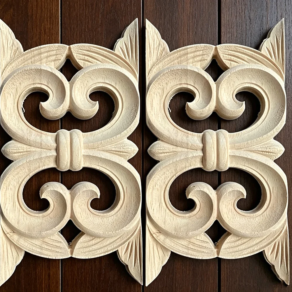 

2PCS 20cm Wood Carving Corner Decal Long Unpainted Wooden Decor Wall Door Home European Style 3D Spear Plant Hollow Appliques