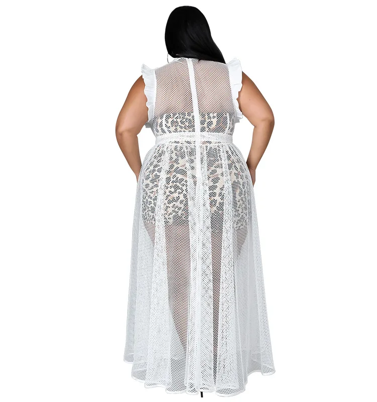 Plus Size Dresses with Sashes 2022 Summer Ruffle Sleeve Women Clothing Dress Maxi Sexy See Through Wholesale Dropshipping