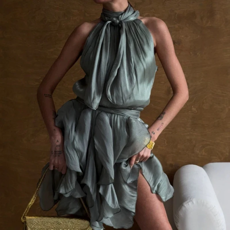 Sexy Kaskaden-Rüschen-Plissee-Minikleid für Damen, modisches, ärmelloses Empire-Kleid mit Schnürung, Frühjahr/Sommer 2026