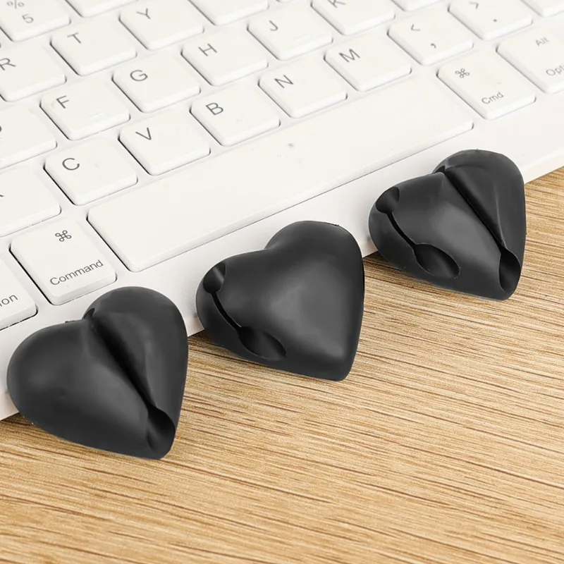 3holes Heart Shaped Desktop Silicone Cable Winder Organizer Holder Cord Management Clips for Mouse Earphone Date Cable