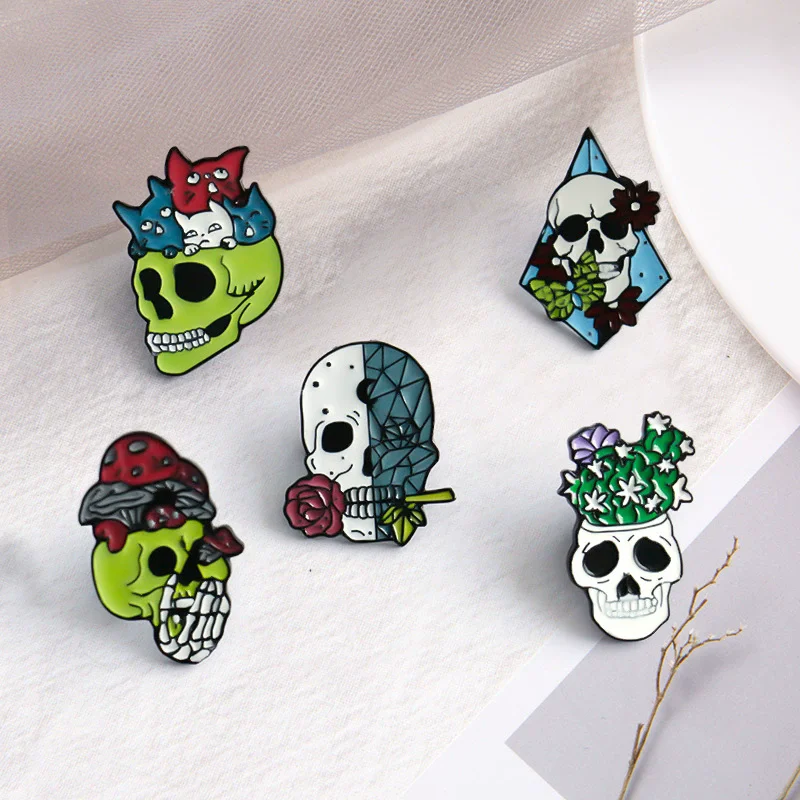 Живой-скелет-эмалированные-булавки-на-заказ-роза-кошки-череп-брошь-значок-на-лацкане-сумка-панк-готические-украшения-подарок-для-друзей