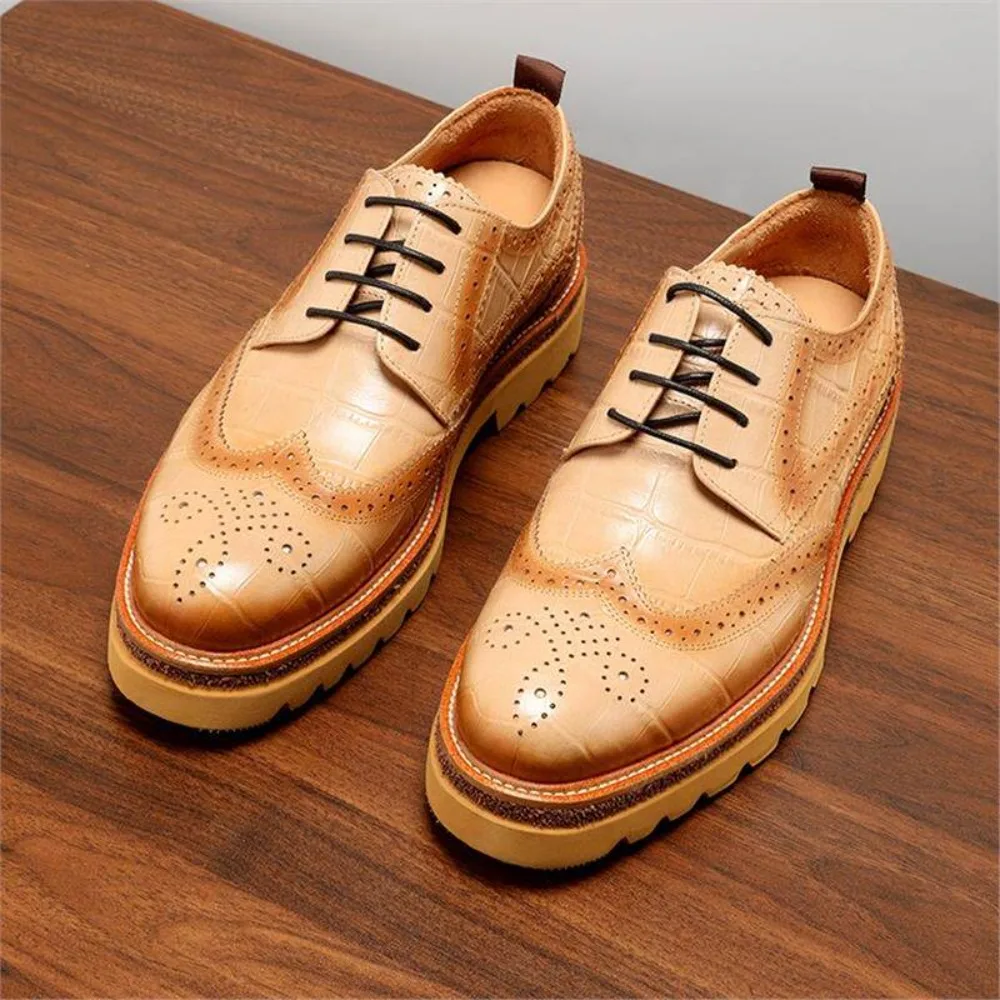 New Fashion Men Genuine Leather Brogue Derby Shoes Thick Sole Height Increasing Formal Business Leather Shoes For Wedding