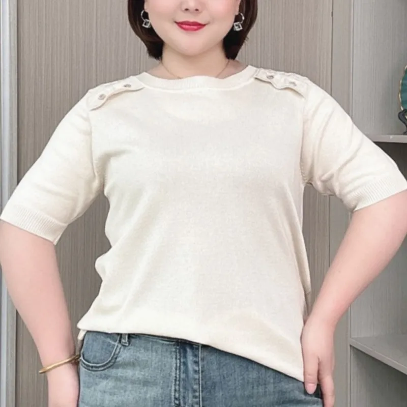 Ice Silk Knitted short-sleeved T-shirt Women Summer 2024 New Plus Size Fashion Thin Top