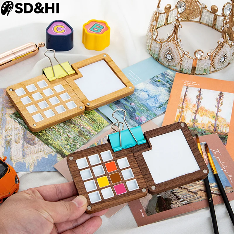 8/15 Grid Portable Sketchbook Palette Mini Walnut Wood Color Palette Box Travel Watercolor Case For Drawing Without Colors