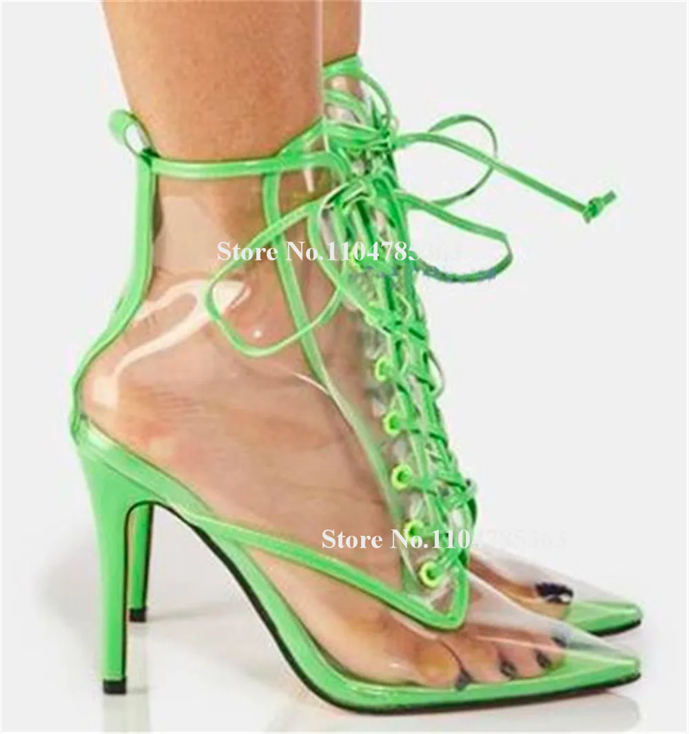 

Sexy Clear PVC Patchwork Stiletto Heel Short Boots Pointed Toe Yellow Green Transparent Lace-up Thin Heel Ankle Booties