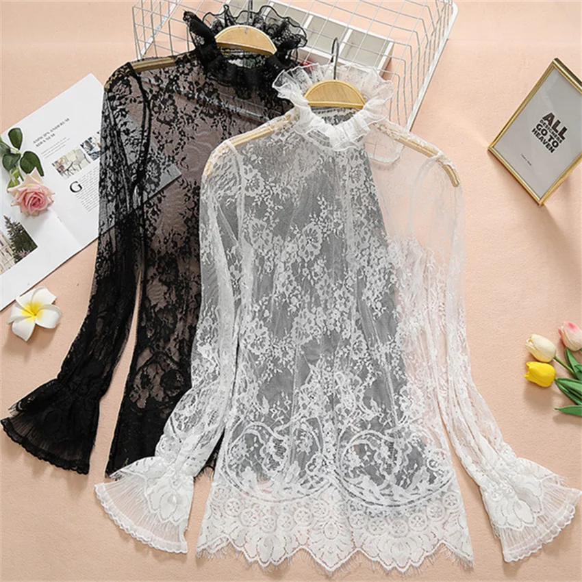 2023 New Women Flare Sleeve Lace Blouse Elegant Summer Lady Mesh Blousas Hollow Out Shirt Bottomings Pullovers Fairy WZ2092