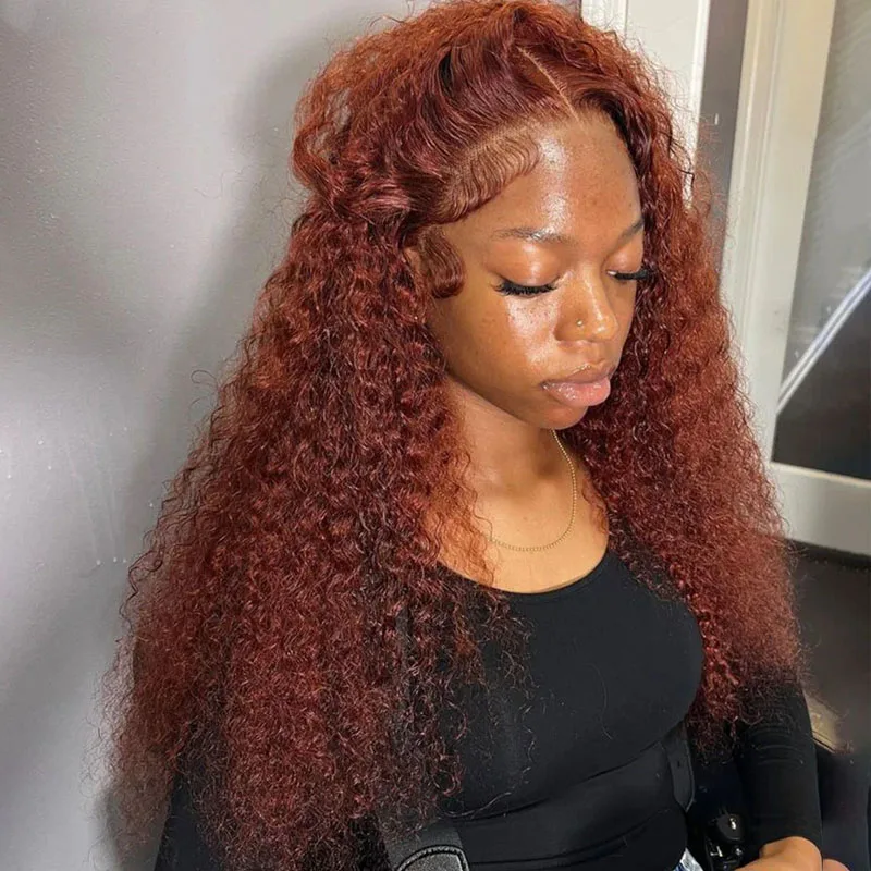 Perruque Lace Front Wig Deep Wave Naturelle Bouclée, Cheveux Humains, Brun Rougeâtre, HD, 13x4, Pre-Plucked