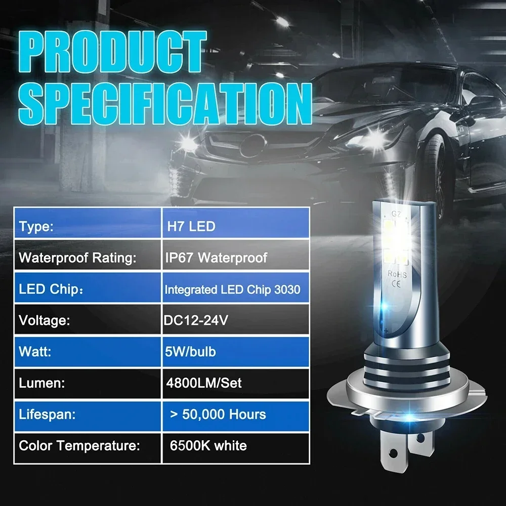 차량용 LED 헤드라이트 전구 키트, 하이 로우 빔, 30000lm, 매우 밝은 6500k, 화이트 LED 조명, 신제품, H4, H7, 2 개