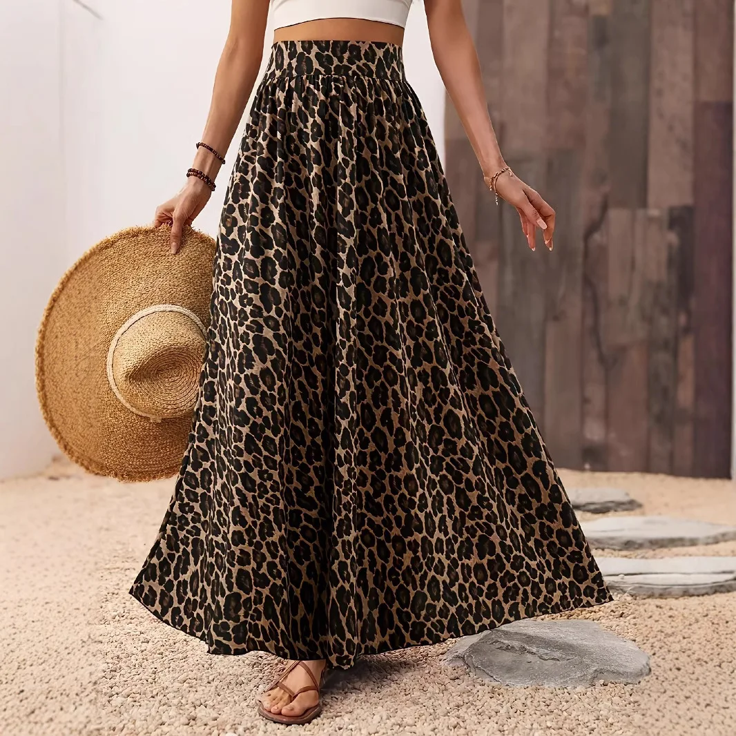 

Leopard Print A-Line Midi Skirt Milk Silk High Stretch Casual Elegant Half Skirt
