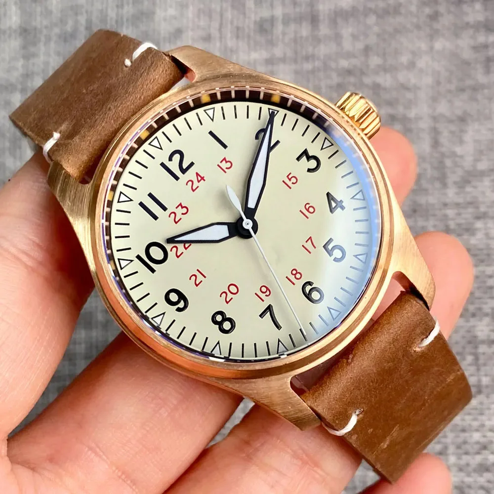 Tandorio Real Bronze Cusn8 Watch White Pilot NH35 Mechanical Wristwatch Steel Band Green Luminous Diving Clock 20bar Luminous