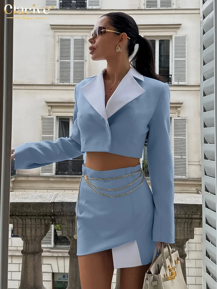 

Clacive Fashion Loose Blue Women's Two Pieces Set 2025 Elegant Long Sleeve Crop Top With High Waist Mini Skirt Set Streetwear