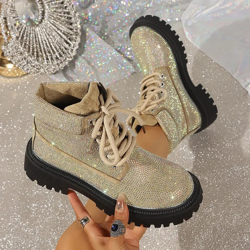 Women's Anti Slip Comfortable Vintage High Heel Ankle Boots Women Fashion Rhinestone Embellishment Ankle Boot Spring and Autumn