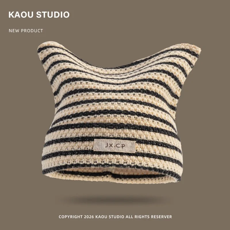 Japanische Dopamin-Mütze mit süßen Katzenohren, gestreift, gestrickt, mit Ohrenschutz und Wärmeisolierung, Y2k Skull Beanie für Männer und Frauen – Detail 9
