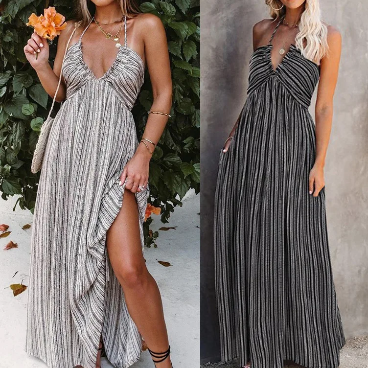 

European Style Sexy Long Dress with Strap Pockets Wrap Chest Adjustable Belt Women's Fashion New Arrival Dress