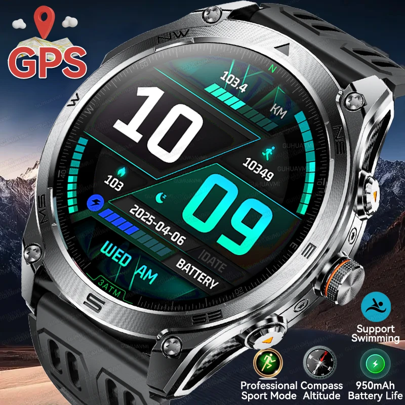 

025 профессиональные спортивные умные часы Miliary Grade GPS с двумя полосами, мужские умные часы 10 АТМ, водонепроницаемые, 1000 мАч, аккумулятор, компас, браслет IOS