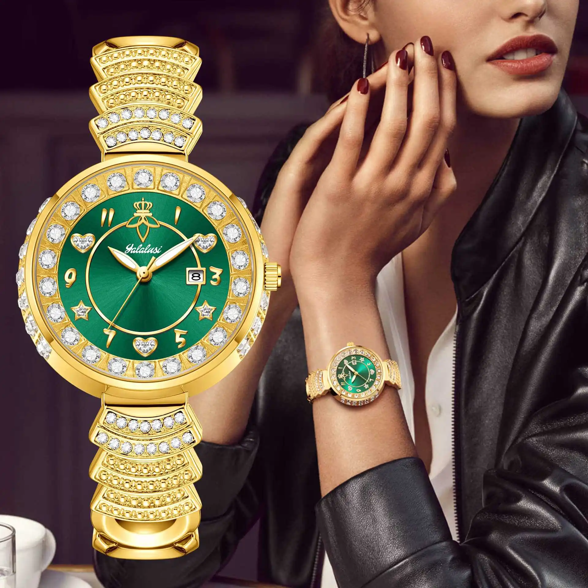 Yalalusi Luxury Gold Diamond Women's Watch Heart shaped Women's Watch Scale Inlaid Diamond Fashion Watch