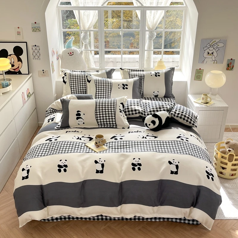 Cartoon Panda Duvet Cover 4pcs Bedding Set Checkerboard Quilt Cover Polyester Comforter Cover 1 Flat Sheet and 2 Pillowcases