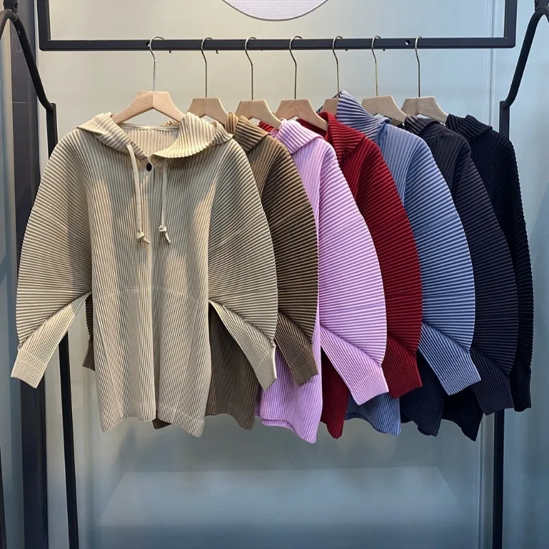 Miyake Classic Pleated Top 2026 New Loose Large Size Men Women with The Same Long-sleeved Long Hooded Sweater Casual Fold Jacket
