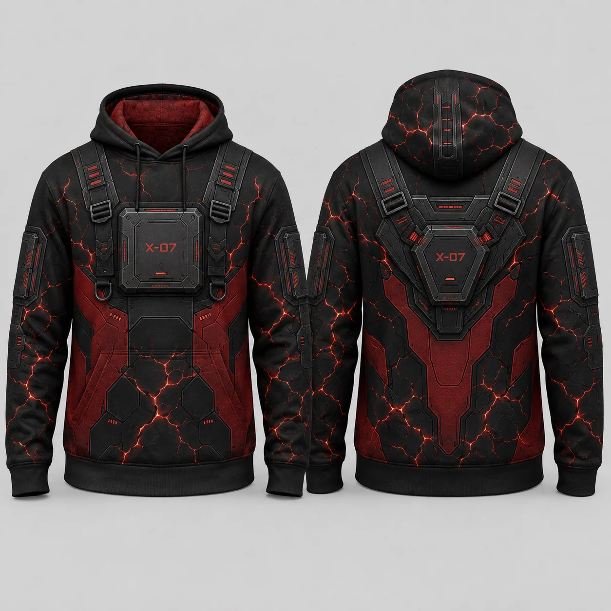 Cyberpunk Hoodie Men Red Black 3D Sublimation Print Flat Graphic Pullover Sweatshirt Casual Streetwear