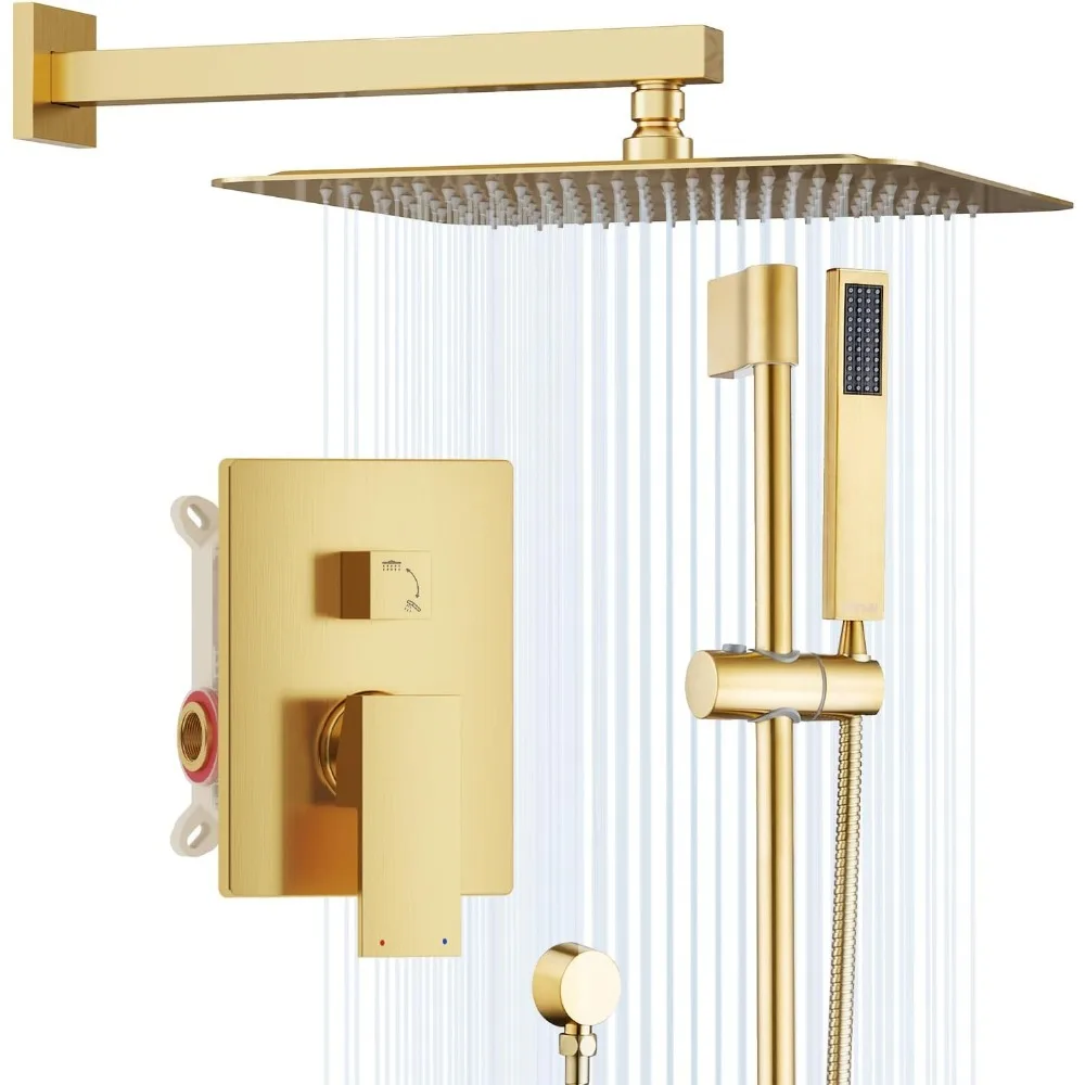 

Gold Shower Head, Wall Mounted Slide Bar with 10 Inch Shower Head and Handheld Spray, Shower Mixer with Valve in Bedroom