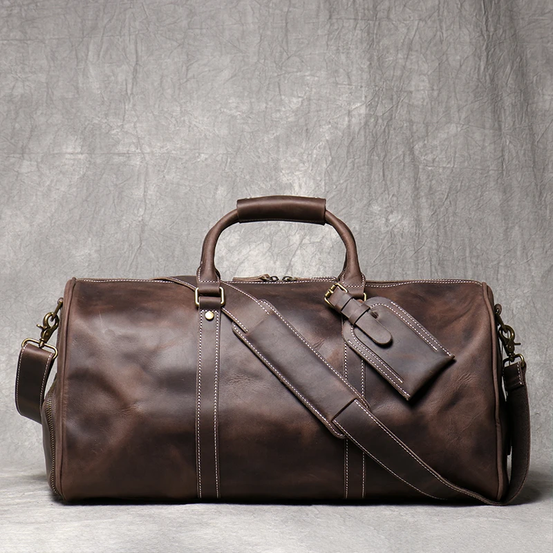 Men\'s Leather Travel Bag Vintage Brown Cowhide Luggage Bag Man Carry On Handbag Weekender Bag Duffle Bag with Shoe Compartment