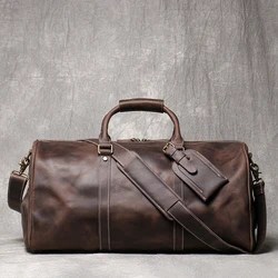 Men's Leather Travel Bag Vintage Brown Cowhide Luggage Bag Man Carry On Handbag Weekender Bag Duffle Bag with Shoe Compartment