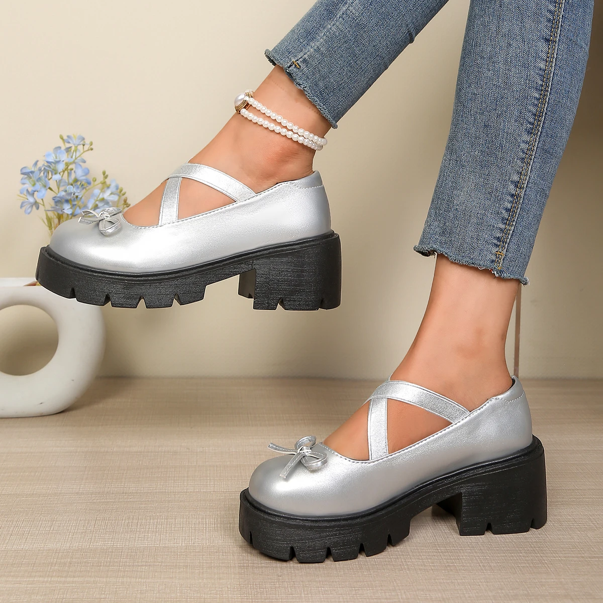 Women's Cross Strap Design Platform Shoes Spring Autumn Round Bow Decorative Non-slip Wear-resistant High-heeled Mary Jane Shoes view 2