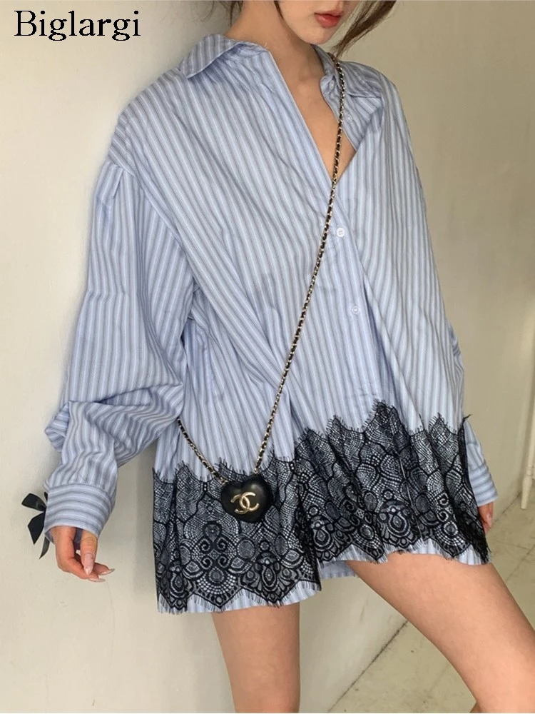 

Autumn Lace Patchwork Shirts Women Striped Print Fashion Sweet Bow Ladies Blouses Casual Loose Korean Style Woman Shirt