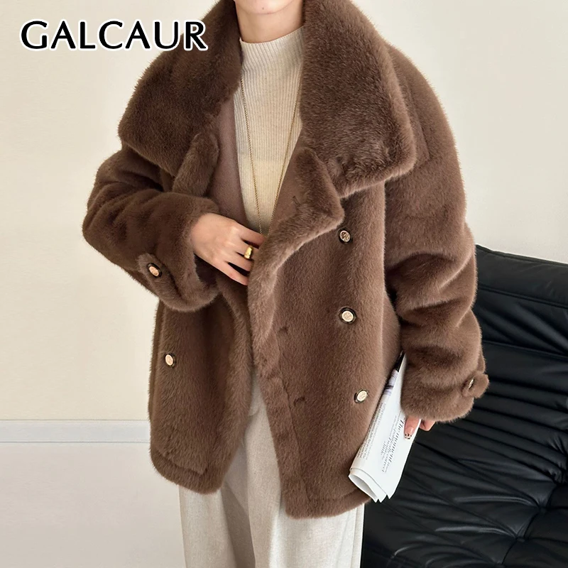 GALCAUR-abrigo de piel de parches lisos para mujer, solapa, manga larga, holgado, informal, empalmado, doble botonadura, chaquetas de invierno, ropa femenina