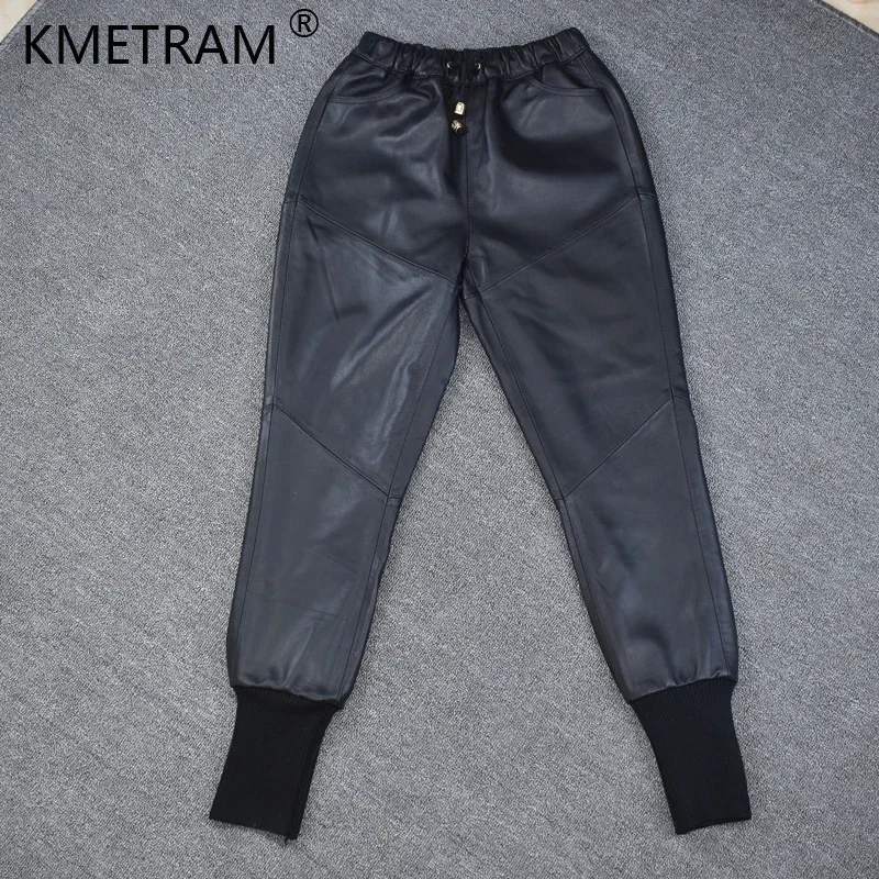 Autumn winter fashion drawstring Genuine sheep leather pants female elastic waist casual leather harem trousers for women